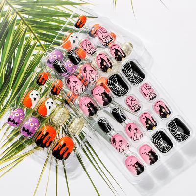 China New Child Eco-Friendly Material Art Piece Finished Supplies Designs Nail Sticker 24 Piece Removable Flame Halloween Fake Nail Patch Adhesives for sale