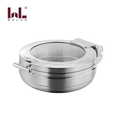 China Catering Capacity 4L Round Shape Buffet Food Stove Stainless Steel Hydraulic Induction Chafing Dish With Glass Lid for sale