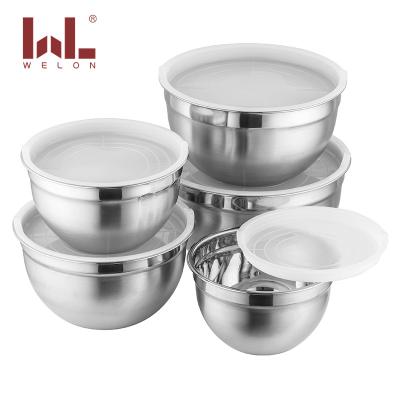 China Sustainable Silicone Bottom Non-Slip Stainless Steel Mixing Salad Bowl With Lid And Pouring Spout for sale