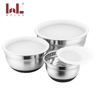 China Sustainable Stainless Steel Mixing Bowl Set With Lids Salad Bowl With Silicone Base for sale