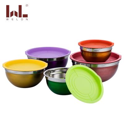 China Sustainable Stainless Steel Mixing Bowls 16-30cm Sizes Salad Bowl Various Color Colored Bottom With Lid for sale