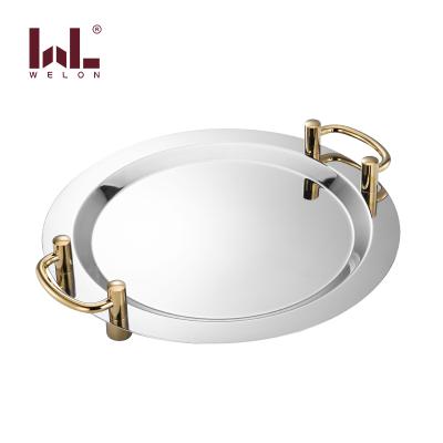 China 1.5mm Thickness Eco-friendly Metal Stainless Steel Round Shape Ramadan Kareem Food Trays Serving Tray Gold Color Decorative Salad Bowl Set for sale