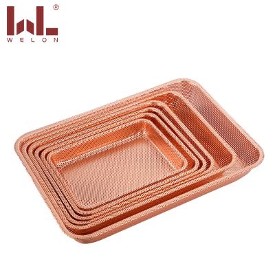 China Eco - Friendly Serving Tray Rectangular Mesh Stainless Steel Perforated Rose Gold Metal Baking Tray for sale