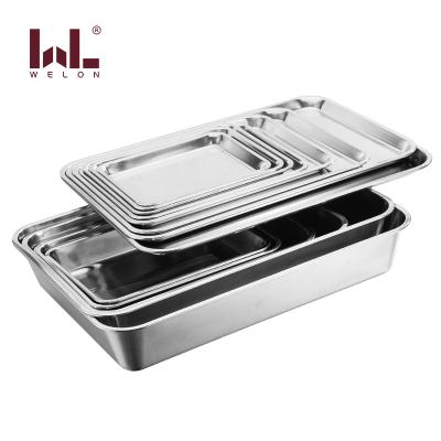 China New Design Eco-friendly 201 Sizes Dessert Tray Metal Buffet Rectangle Serving Tray Stainless Steel Food Multi Serving Tray For Bakery for sale