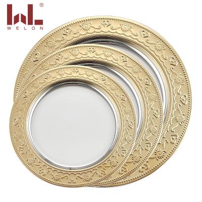 China New 12inch Gold Thin Layer Charger Restaurant Tray Serving Food Pattern Decorative Viable Dish Around Solid Stainless Steel Pattern Metal for sale