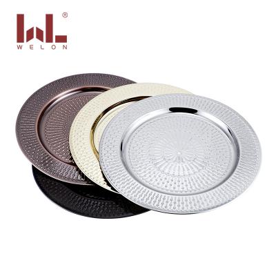 China Cheap Durable Stainless Steel Round Surface Plating Plates Display Tray Silver Diameter 33cm Serving Tray for sale