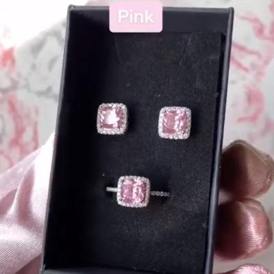 China Vintage Silver Color Square Shape Earring For Women Fashion Engagement Wedding Shiny Bridal Jewelry Pink Cubic Zircon Stud Earring for sale