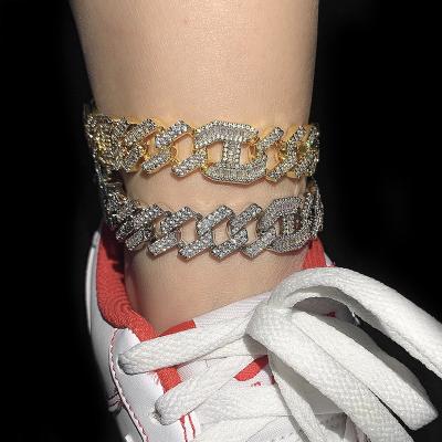 China Hot Sale Trendy Luxury Miami Link Chain Anklet Bling Zircon Cuban 18k Gold Plated Cuban Chain For Women for sale