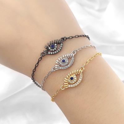 China Hot Sale Turkey Style Evil Eye Gold Plated Link Chain Bling Zircon Turquoise Charm Chains Bracelet For Women for sale