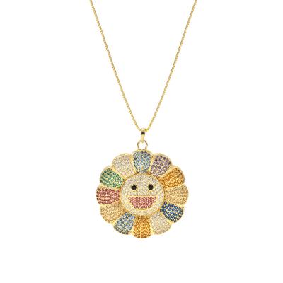 China HIP HOP 2022 New Design Cute Colory Smile Face Flower Pendant Necklace Iced Out 3A CZ Gold Plated Pendant Necklace For Women And Men for sale