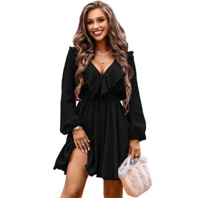 China Anti-Static OEM high quality V-neck Surplice Neck Bishop long Sleeve high waist bridesmaid plus size Dress for sale