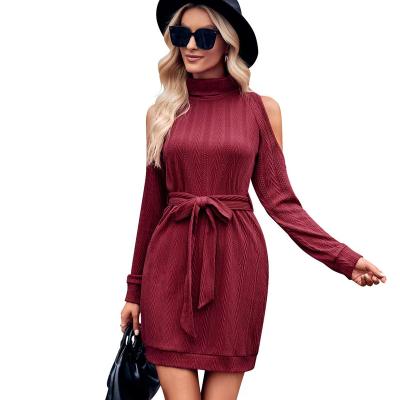 China Anti-Static Autumn and Winter 2023 New Embroidery Dresses Women's Warm High Neck Lace up Hip Wrap Dress for sale