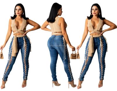 China MT67-3287 new arrivals breathable ladies ripped jeans patchwork high waist women washed bandage jeans pants for sale