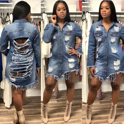 China Sustainable New Style MT110-6377 Women's Long Ripped Denim Jacket With Ripped Holes for sale