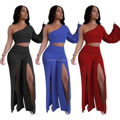 China 2021 Falls MT364-1142 Wholesale Fashion Solid Color Women's Casual One-Shoulder Zipper QUICK DRY Split Suit Women Dress Two Piece Sets for sale