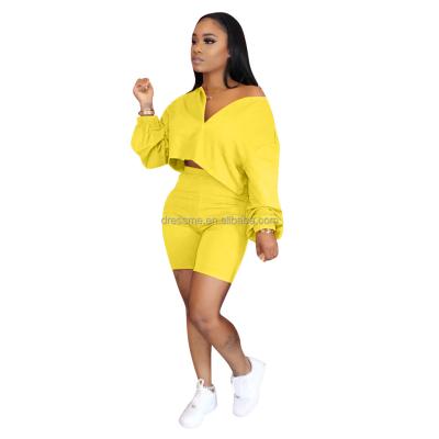 China 2021 MT139-5171 Autumn Solid QUICK DRY V-Neck Long Sleeve Crop Tops And Shorts Set Simply Casual Short Two Piece Women Set Clothing for sale