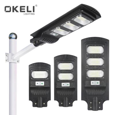 China ROAD OKELI CE ROHS Approve Motion Sensor IP66 Waterproof 30W 60W 90W Outdoor All In One Solar Led Street Light for sale