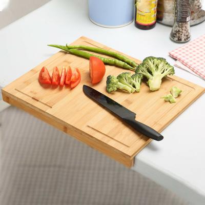 China Sustainable Kitchen Butcher Stall Countertops Bamboo Wooden Cutting Plates Fruit Vegetable Meat Cutting Board With Counter Lip for sale