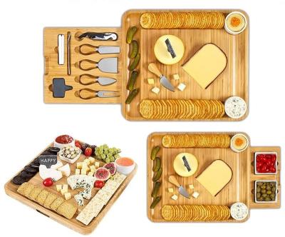 China Sustainable Bamboo Cheese Board Charcuterie Platter Serving Promotion Gift Cheese Knife Set Tray Set for Brie and Wine Biscuit Meat for sale