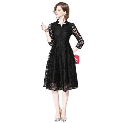 China 2021 Hot Selling Anti-wrinkle Stain New Round Long Sleeve Round Long Sleeve Mesh Embroidered Casual Dress For Women for sale