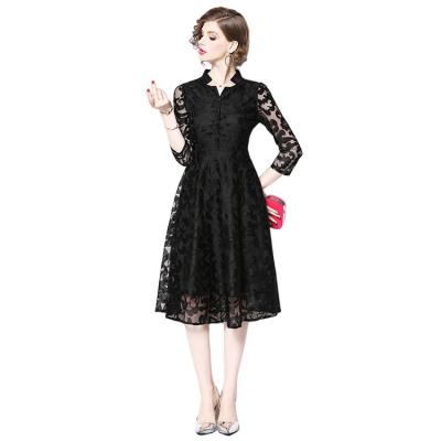 China Anti-wrinkle new 2021 spring slim body shows thin seven minute sleeve vintage elegant lace in long dress for woman for sale