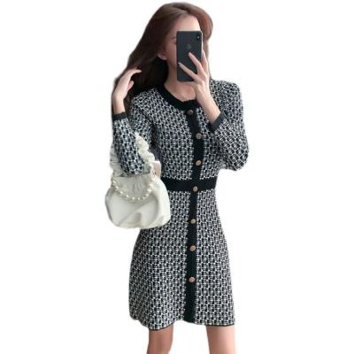 China Viable temperament slim body shows thin v-neck thousand birds long sleeve casual sweater knitting dress for sale