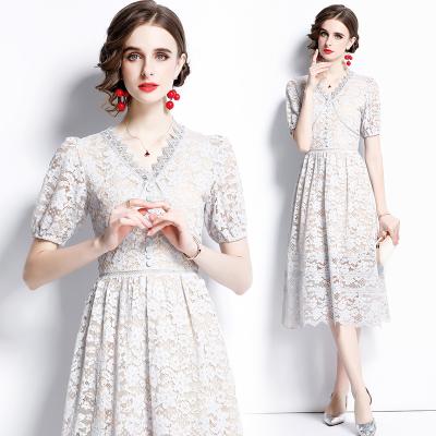 China 2021 Wholesale Anti-Static V-Neck Lace Embroidery Elegant Casual Dresses Fashion Dress For Woman for sale