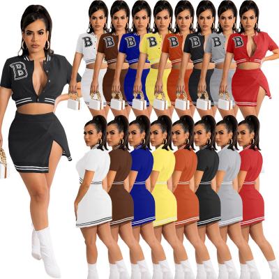 China Spring Sustainable Letter Printing Single Breasted Baseball Uniform Teams Women Mini Skirt And Short Sleeves Coat 2 Piece Skirt Sets for sale