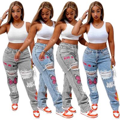 China 2022 New Arrival Breathable Loose Spring Women's Casual Fashion Ripped Jeans Letter And Butterfly Printed Denim Long Pants for sale