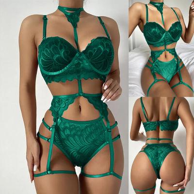 China Hot Selling Sexy Spandex Underwear Set Halter Bra Set Erotic Underwear 3 Piece Padded Bra Lace Lingerie Set Erotic Lingerie for sale