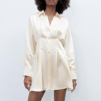 China Anti-Wrinkle Satin Elegant Loose High Quality Fashion Long Sleeve Ruched Mini Shirt Dress One Line for sale