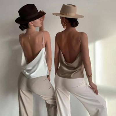 China Elegant QUICK DRY satin camisole summer ties backless work at home vest ladies crop tank top blouse for sale