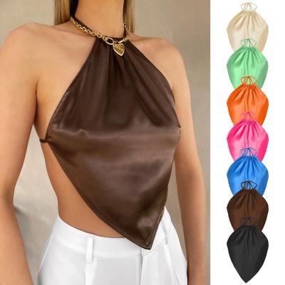 China 7 Colors Summer QUICK DRY Satin New Trend Tie Up Halter Backless Camisole Pleated Front Tank Top for sale