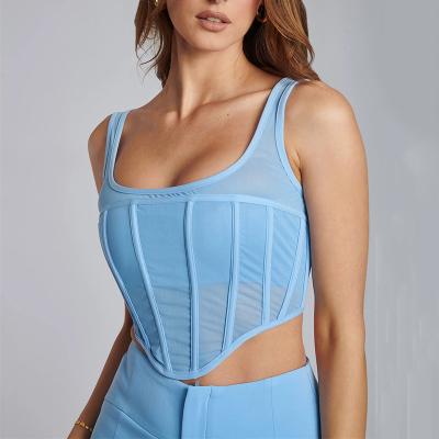 China Summer Double Layer Collar Corset QUICK DRY Square Bustier Boned Mesh Crop Strap Tank Top for sale