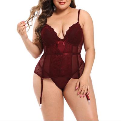 China Sexy Body Stocking Women Plus Size 3 Colors Two Piece Sexy Gathering Lace Up Lingerie Jumpsuit Set for sale