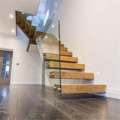 China DIY Indoor Wood Building Building Stringer Floating Glass Staircase With Invisible Glass Balustrade for sale