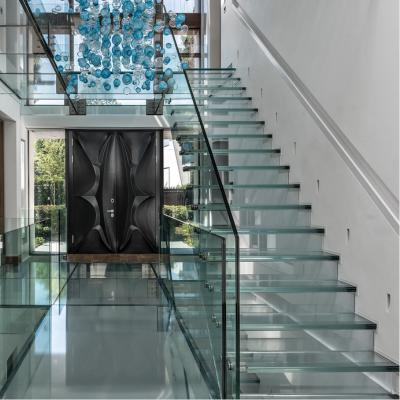 China Contemporary Commercial Tempered Glass Floating Staircase Modern Glass Floating Stairs for sale