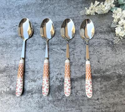 China Viable Porcelain Handle Table Spoon Stainless Steel Metal Parts Flatware Flatware Set Ceramic Dinner Spoon for sale