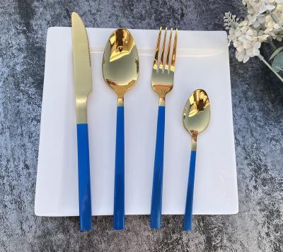 China Portugal Style Sustainable Blue Gold Cutlery Set 18/0 Stainless Steel Food Grade 4 Piece Flatware Silverware Set for sale