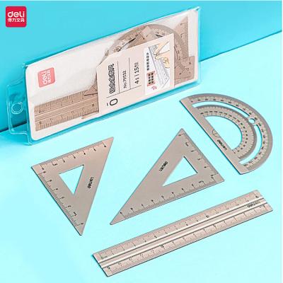 China Metal Deli Drawing Set 4-piece aluminum ruler set ruler triangle protractor for school stationery for sale