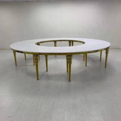 China Hot Sale Modern Round Shape S Shape Top Base MDF Glass Top Stainless Steel Wedding Party Banquet Table for sale