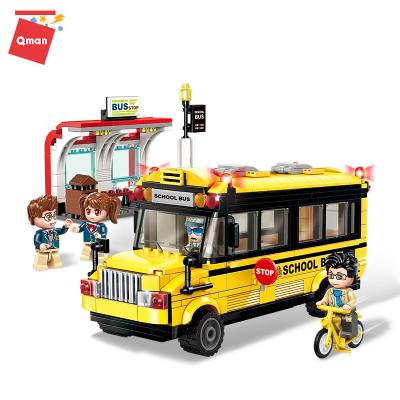 China Plastic Shelter Design Stop Bus Building Toy Qman School Bus Building Block Bicycle Model Toy Models for sale