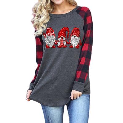 China Anti-wrinkle fashion plaid printing splicing round neck long sleeve women loose top personalized T-shirt for sale