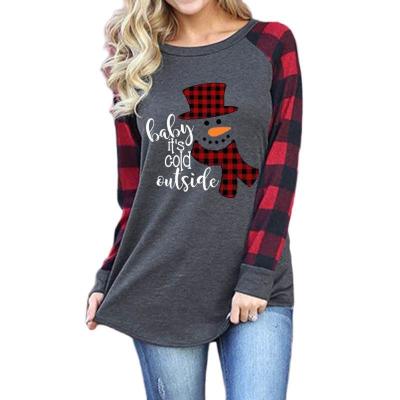 China Anti-Wrinkle Sell A Pop-Up Blouse, Amazon Plaid Spliced ​​Christmas Snowman Printed Round Neck Long Sleeve T-Shirt for sale