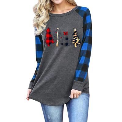 China Anti-wrinkle fashion plaid printing splicing round neck long sleeve women loose top personalized female T-shirt for sale