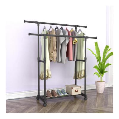 China Eco-friendly Material Clothing Garment Rack Fabric Hanger Rack Clothes Drying Rack Double Layer Laundry With Wheel Laundry Hanger for sale