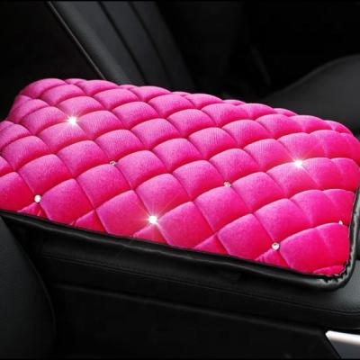 China Sports Winter Warm Short Plush With Crystal Car Armrest Cover Pad Diamond Auto Armrests Center Console Cushion For Girls Accessories for sale