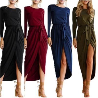 China Autumn Lady Solid Color Bandage Women's Casual Cotton Maxi Dress Long Sleeve Anti-wrinkle Slit Bodycon for sale