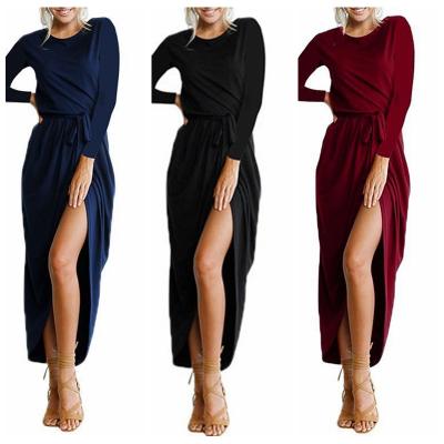 China 2021 Wholesale Anti-wrinkle Lady Solid Color Slit Bandage Long Sleeve Woman Autumn Casual Dress for sale