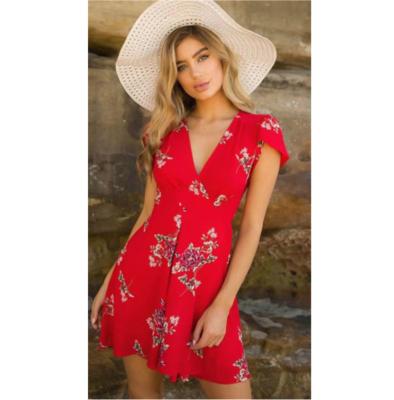 China Wholesale custom made casual dress anti-static v neck women dress with flower print summer dress for lady for sale